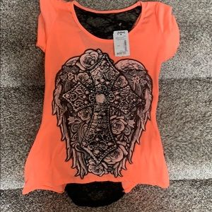 Cute Orange Top with Gems and Back Lace! Small